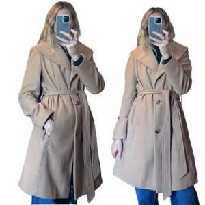 London Fog Wool Shawl Collared Camel Tan Belted Trench Coat
